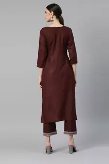 Brown Mirror Work Cotton Blend Kurta Pant Set