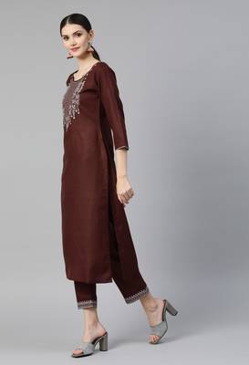 Brown Mirror Work Cotton Blend Kurta Pant Set 3