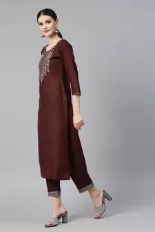 Brown Mirror Work Cotton Blend Kurta Pant Set