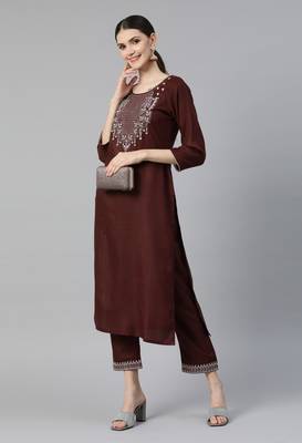 Brown Mirror Work Cotton Blend Kurta Pant Set 4