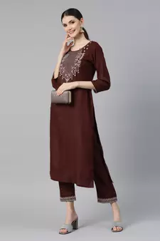 Brown Mirror Work Cotton Blend Kurta Pant Set