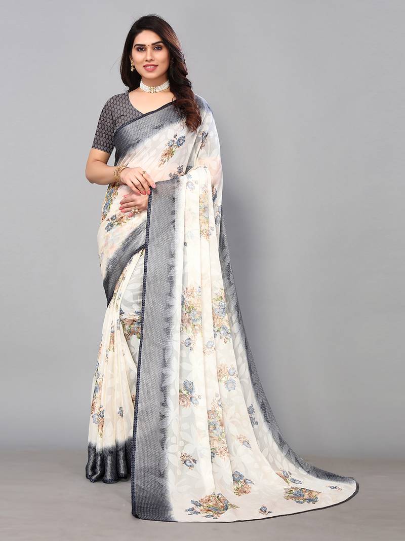 Pisara Off white & Black Chiffon Brasso Floral Printed Saree