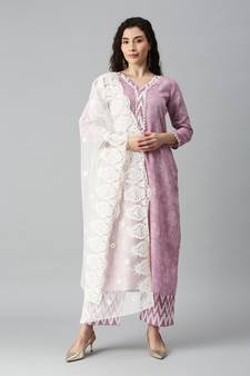 SheWill Women Lavender Ikat Foil Printed Dress Material
