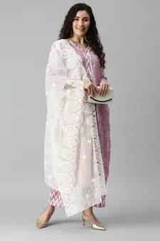 SheWill Women Lavender Ikat Foil Printed Dress Material