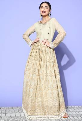 Cream Mirror Work Mal Cotton A-Line Flared Gown 1