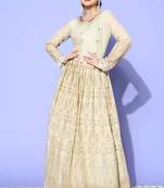 Cream Mirror Work Mal Cotton A-Line Flared Gown