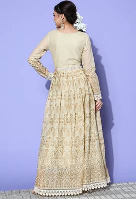 Cream Mirror Work Mal Cotton A-Line Flared Gown 2