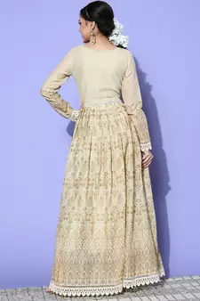 Cream Mirror Work Mal Cotton A-Line Flared Gown