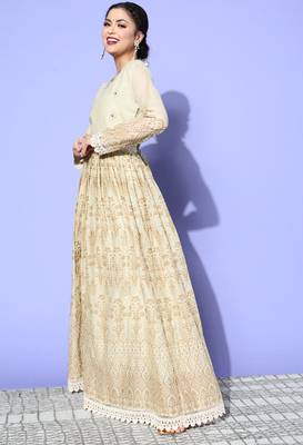 Cream Mirror Work Mal Cotton A-Line Flared Gown 3
