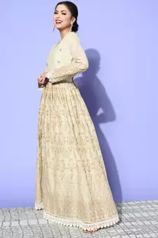 Cream Mirror Work Mal Cotton A-Line Flared Gown