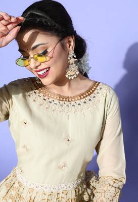 Cream Mirror Work Mal Cotton A-Line Flared Gown 4