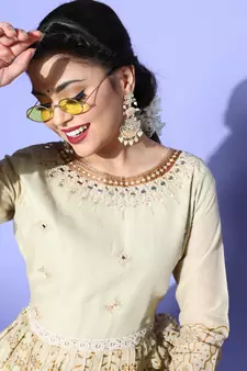 Cream Mirror Work Mal Cotton A-Line Flared Gown