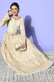 Cream Mirror Work Mal Cotton A-Line Flared Gown