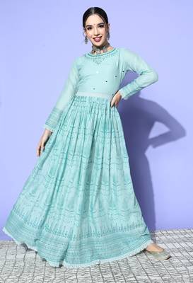 Turquoise Mirror Work Mal Cotton A-Line Flared Gown 1