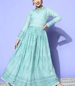 Turquoise Mirror Work Mal Cotton A-Line Flared Gown