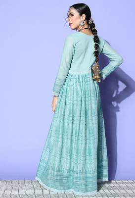 Turquoise Mirror Work Mal Cotton A-Line Flared Gown 2