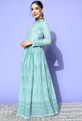 Turquoise Mirror Work Mal Cotton A-Line Flared Gown 3