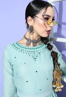 Turquoise Mirror Work Mal Cotton A-Line Flared Gown 4