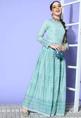 Turquoise Mirror Work Mal Cotton A-Line Flared Gown 5