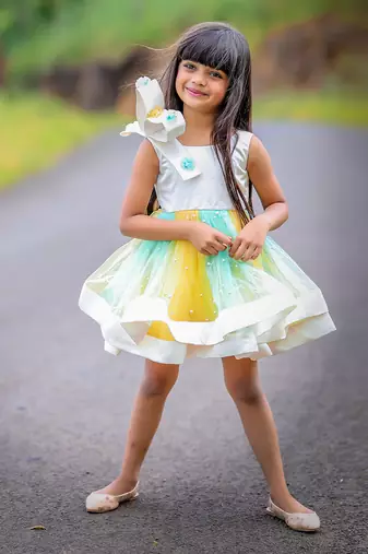 Big Stylish Bow with pleated embroidered Frock