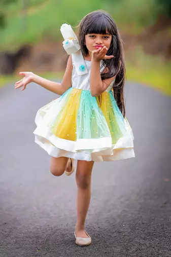 Big Stylish Bow with pleated embroidered Frock