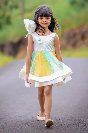 Big Stylish Bow with pleated embroidered Frock