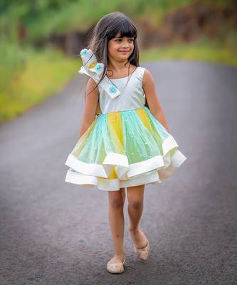 Big Stylish Bow with pleated embroidered Frock 5