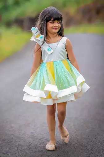 Big Stylish Bow with pleated embroidered Frock