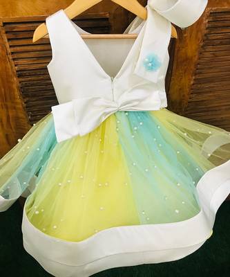 Big Stylish Bow with pleated embroidered Frock 9