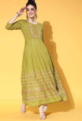 Green Zari Sequence Gota Work With Foil Printed Viscose Rayon A-Line Gown 1