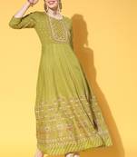 Green Zari Sequence Gota Work With Foil Printed Viscose Rayon A-Line Gown