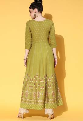 Green Zari Sequence Gota Work With Foil Printed Viscose Rayon A-Line Gown 2