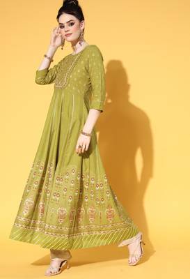 Green Zari Sequence Gota Work With Foil Printed Viscose Rayon A-Line Gown 3