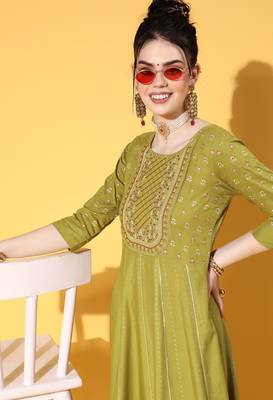 Green Zari Sequence Gota Work With Foil Printed Viscose Rayon A-Line Gown 4