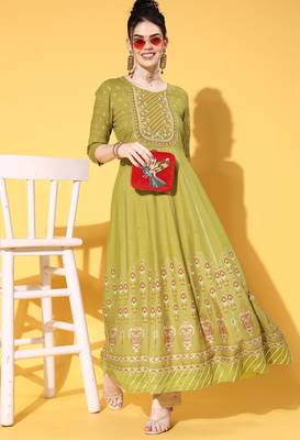 Green Zari Sequence Gota Work With Foil Printed Viscose Rayon A-Line Gown 5