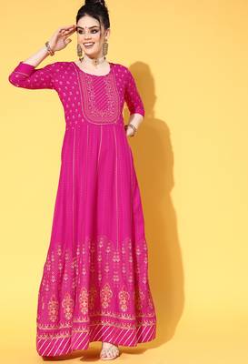 Pink Zari Sequence Gota Work With Foil Printed Viscose Rayon A-Line Gown 1