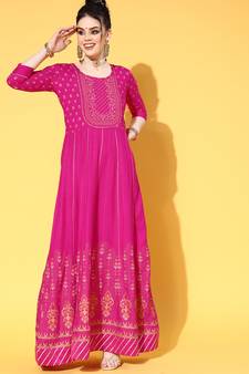 Pink Zari Sequence Gota Work With Foil Printed Viscose Rayon A-Line Gown