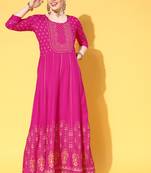 Pink Zari Sequence Gota Work With Foil Printed Viscose Rayon A-Line Gown