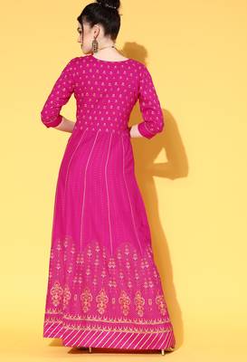 Pink Zari Sequence Gota Work With Foil Printed Viscose Rayon A-Line Gown 2