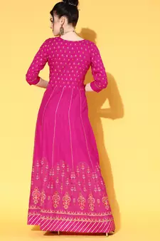 Pink Zari Sequence Gota Work With Foil Printed Viscose Rayon A-Line Gown
