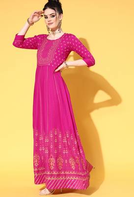 Pink Zari Sequence Gota Work With Foil Printed Viscose Rayon A-Line Gown 3
