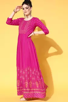 Pink Zari Sequence Gota Work With Foil Printed Viscose Rayon A-Line Gown