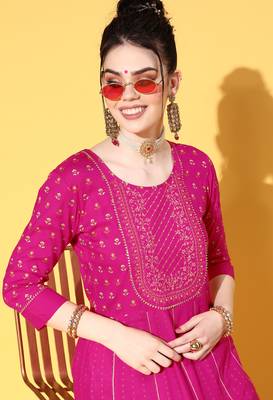 Pink Zari Sequence Gota Work With Foil Printed Viscose Rayon A-Line Gown 4