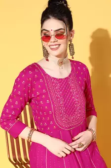 Pink Zari Sequence Gota Work With Foil Printed Viscose Rayon A-Line Gown