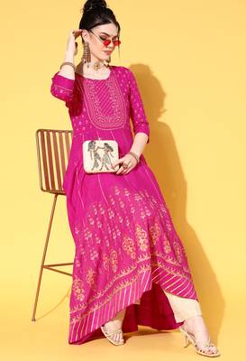 Pink Zari Sequence Gota Work With Foil Printed Viscose Rayon A-Line Gown 5