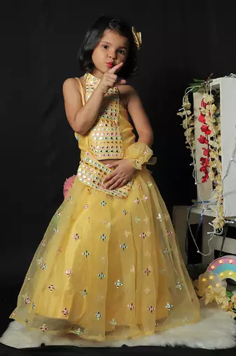 Faux Mirror Work top with Ghagra and Purse