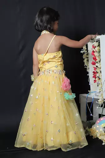 Faux Mirror Work top with Ghagra and Purse