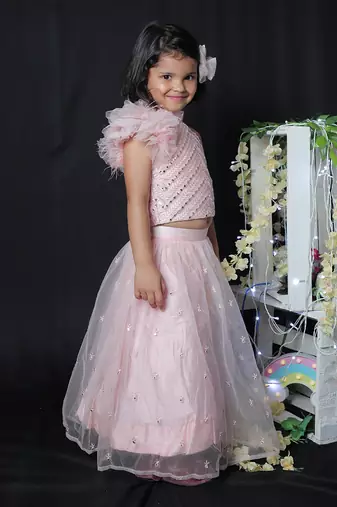 Sleeveless Feathered Top with Ghagra