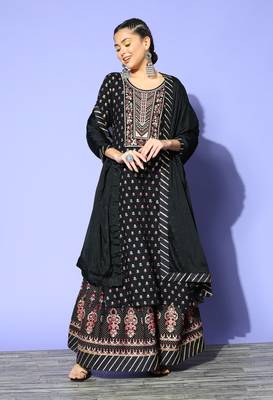 Black Zari Sequence Gota Work Foil Printed Viscose Rayon Kurta Skirt With Dupatta 1