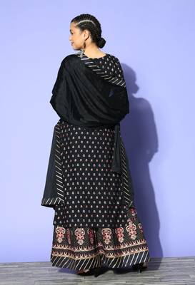 Black Zari Sequence Gota Work Foil Printed Viscose Rayon Kurta Skirt With Dupatta 2